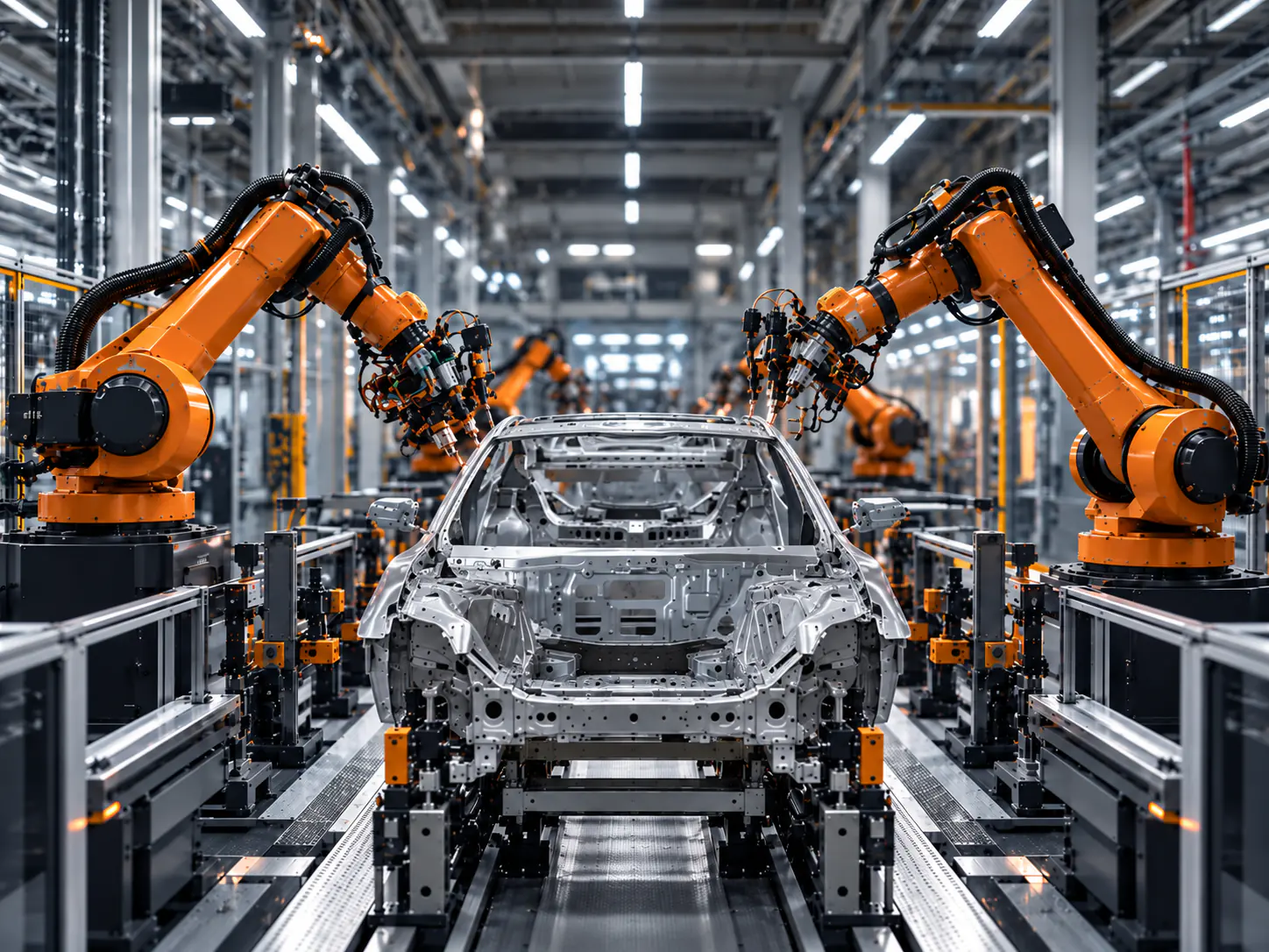 Illustration: Roboterarme bearbeiten eine Fahrzeugkarosserie in einer automatisierten Fertigungslinie