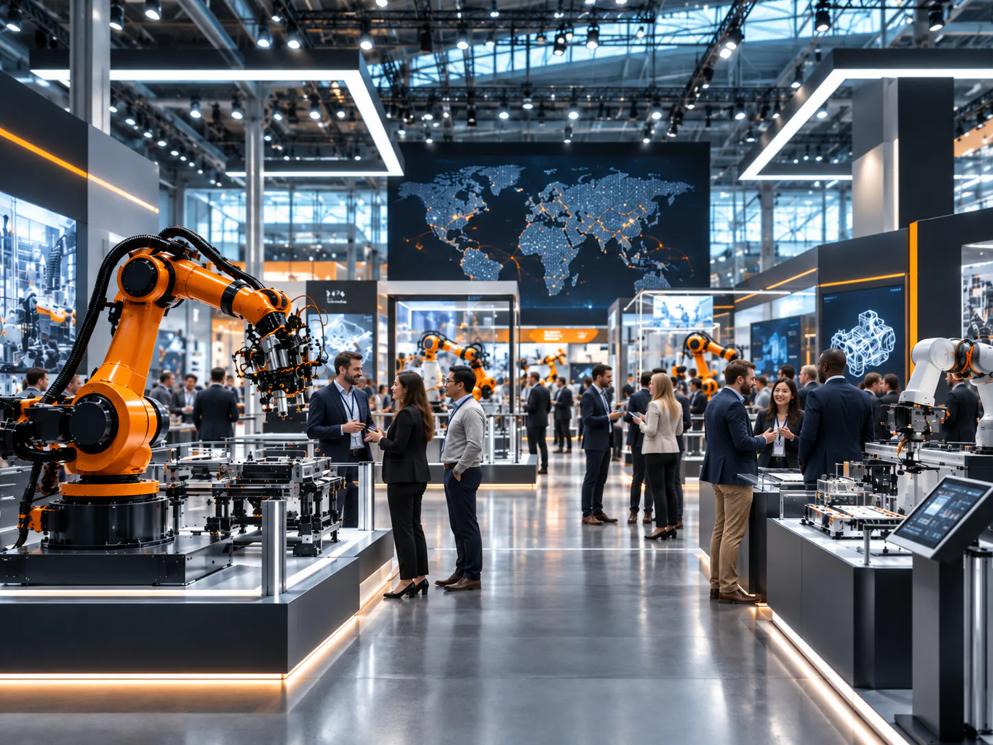 Illustration: Fachbesucher im Gespräch zwischen Robotik-Exponaten in einer Messehalle